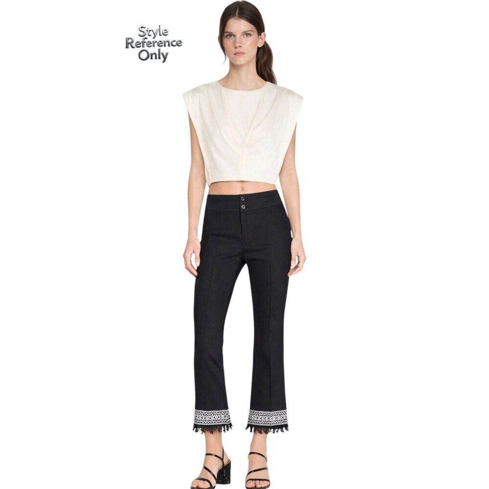 Sandro Black Cropped Flare Pants Jacquard Fringe Hem Size 6 Paris Chic